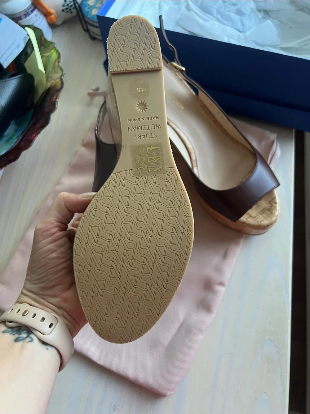 Stuart Weitzman Mahogany Leather Cork Wedge Slingbacks
